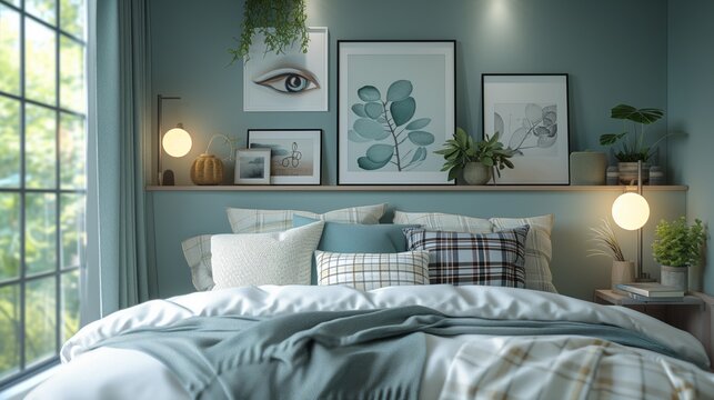 Interior of modern bedroom. Green and white color Gray, dark gray, beige, white pillows on bed with green wall bedroom with posters and lamps and home plants. Interior modern cute cozy home design.