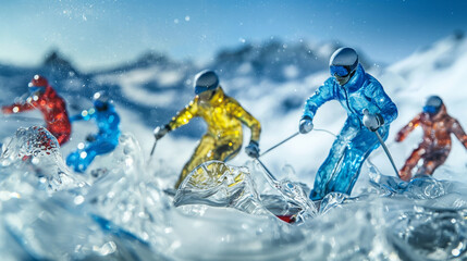 Glass Skiers Dynamically Rush Down the Frosty Slope