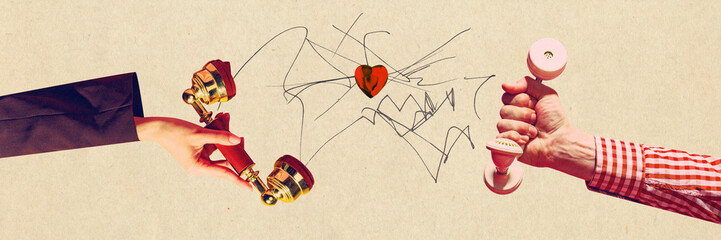 Contemporary art collage. Two hands using telephone handsets to speaking with heart in center on paper. Concept of love in a distance, online chatting, romantic relationship, connection,