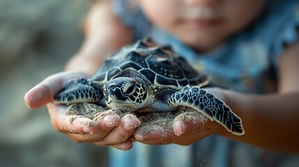 Young woman or girl holding a baby turtle hatchling ready for release into the open sea or ocean. Golden hour before sunset. World Turtle Day. Sand and sea background.
