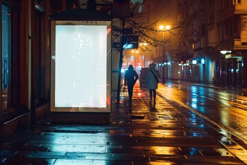 Blank white vertical advertising banner billboard mockup on sidewalk at night with urban city lights