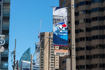 Fototapeta premium projecting hanging banner of MLB Toronto Blue Jays logo at Windsor Street at Front Street West on a blue sky