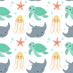 Summer cute pattern with marine inhabitants, sea life, background for children. Vector illustration on white background