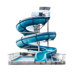 Model of a Blue Water Slide Structure with Stairs in a Miniature Aquatic Park Setup, Depicting the Concept of Water Recreation.