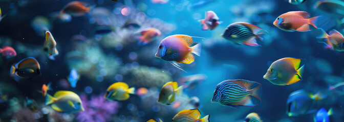 Obraz na płótnie Canvas A school of beautiful colorful tropical fish swimming in the deep blue ocean near an underwater coral reef
