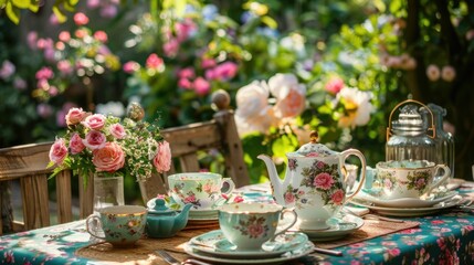 Naklejka premium Elegant Outdoor Tea Party Setup in Lush Garden