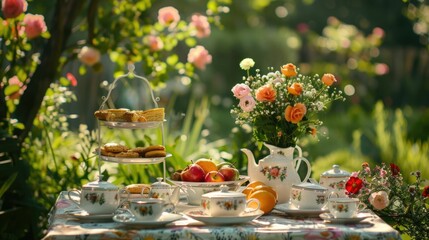 Elegant Tea Party Arrangement Amidst Lush Garden Backdrop
