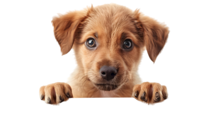 Puppy dog holding  blank banner isolated on transparent background