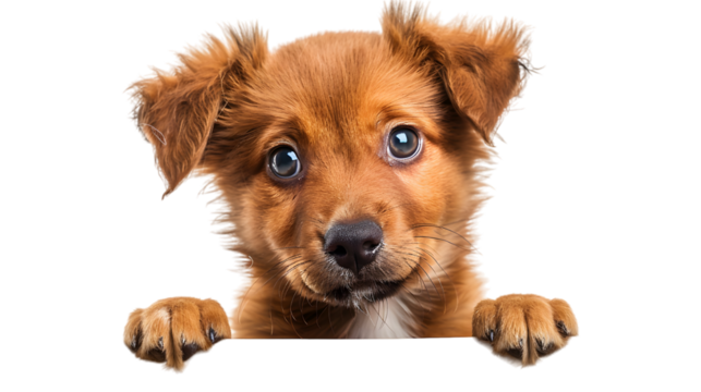 Puppy dog holding  blank banner isolated on transparent background