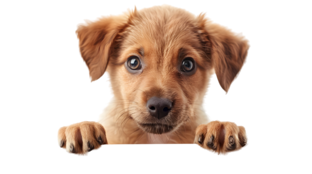 Puppy dog holding  blank banner isolated on transparent background