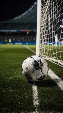 A pristine white line on a soccer pitch with a soccer ball under the stadiums glistening lights