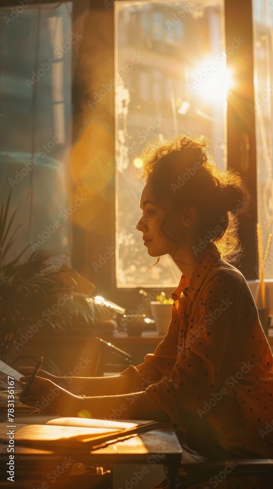 Fototapete a woman is seated at a desk positioned in front of a window. she appears focused as she engages in w
