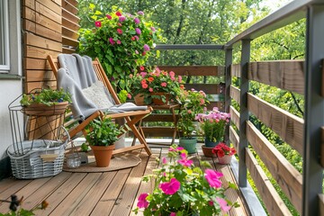 Stylish city balcony with wooden floor, chair, and green potted plants - cozy home terrace
