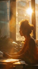 Fototapeta premium A woman is seated at a desk positioned in front of a window. She appears focused as she engages in work or study activities, illuminated by natural light filtering in through the window.
