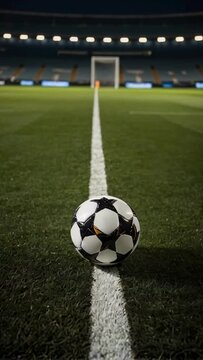A pristine white line on a soccer pitch with a soccer ball under the stadiums glistening lights