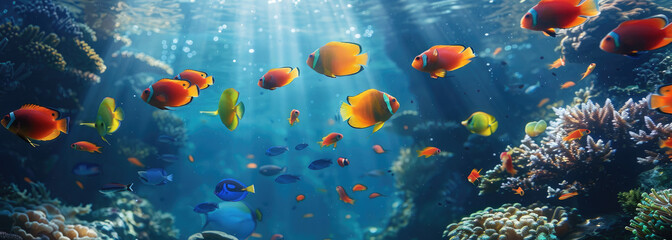 Fototapeta na wymiar A school of beautiful colorful tropical fish swimming in the deep blue ocean near an underwater coral reef