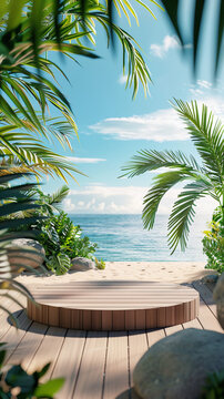 Wooden podium for product presentation on the beach with tropical plants and water in background, 3d rendering , illustration, banner mockup design 9:16