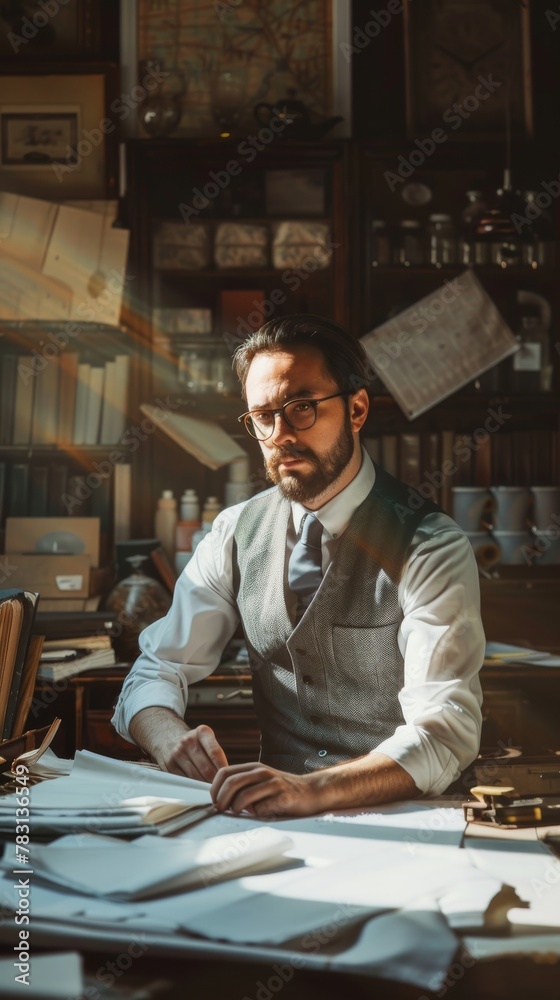 Poster A man in a vest sits at a desk with a book in front of him. He is wearing glasses and he is writing. The scene suggests a quiet, focused atmosphere, with the man likely working on a project or task