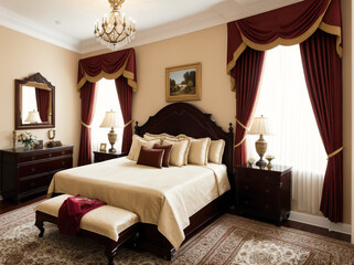 Fototapeta premium A bedroom with a large bed, a dresser, and a chandelier.