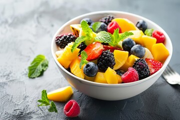 Colorful and fresh fruit salad with a variety of nutritious ingredients served in a decorative bowl
