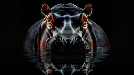 Hippopotamus in water with dark black background