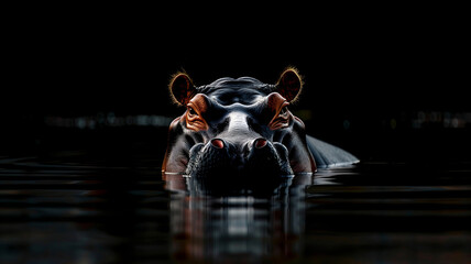 Hippopotamus in water with dark black background