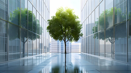 Sustainble green building. Eco-friendly building. Sustainable glass office building with tree for reducing carbon dioxide. Office with green environment. Corporate building reduce CO2. Safety glass - obrazy, fototapety, plakaty