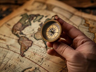 Vintage Compass Over Antique World Map - Exploring Uncharted Territories, Adventure & Wanderlust Concept Image for Microstock