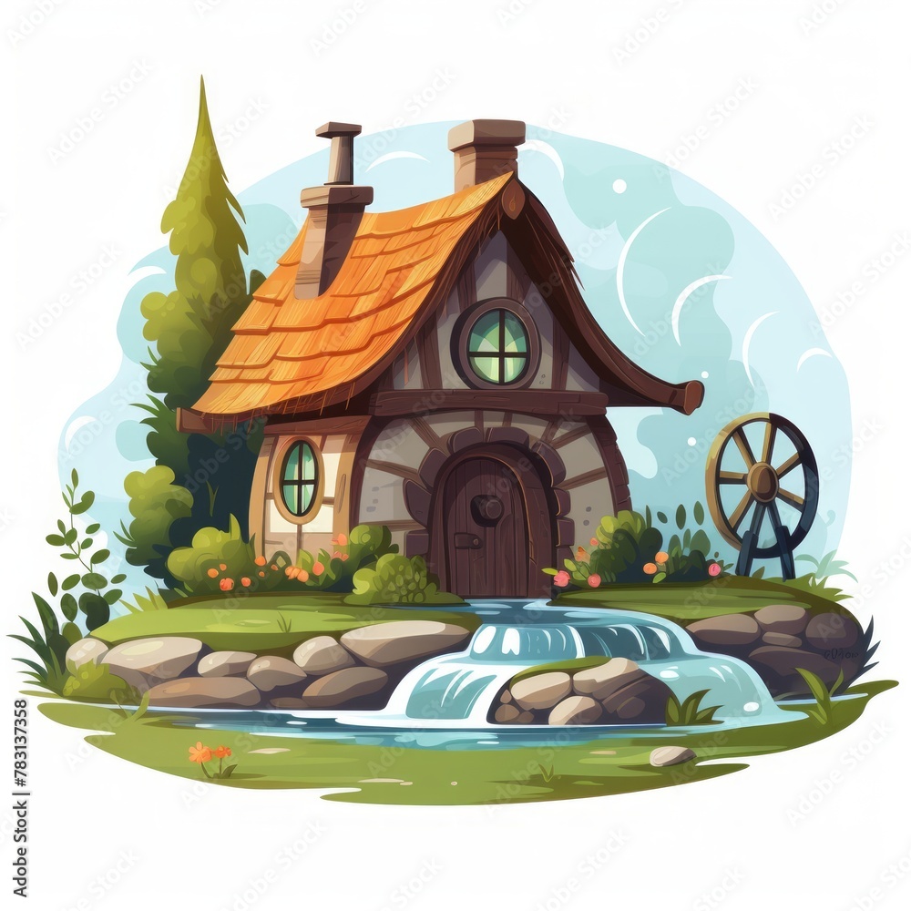 Poster generative ai a cozy fairytale house with a rustic water well and a serene countryside setting.