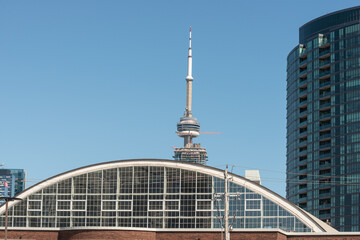 Fototapeta premium rounded building top at Fort York with tower on a blue sky in Toronto, Canada