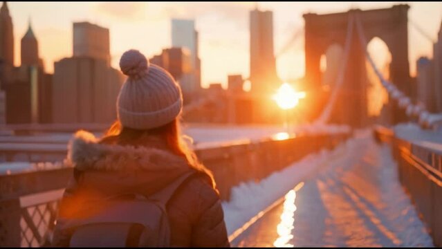 Sunset view of Brooklyn Bridge with person facing city skyline.
