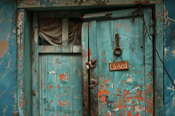 A blue metal door of a small workshop with a weathered Closed sign hanging on it
