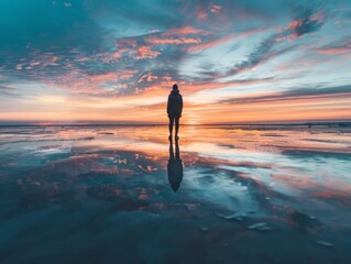 Silhouette Figure on Reflective Beach at Vivid Sunset, Symmetrical Sky and Sand Colors - Landscape Photography