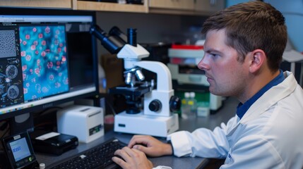 A man in a lab setting sitting at a desk, focused on analyzing data displayed on a computer screen next to a microscope