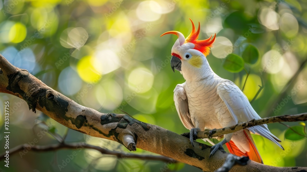 Poster a white and orange bird is sitting on top of a tree branch, showcasing its vibrant colors against th
