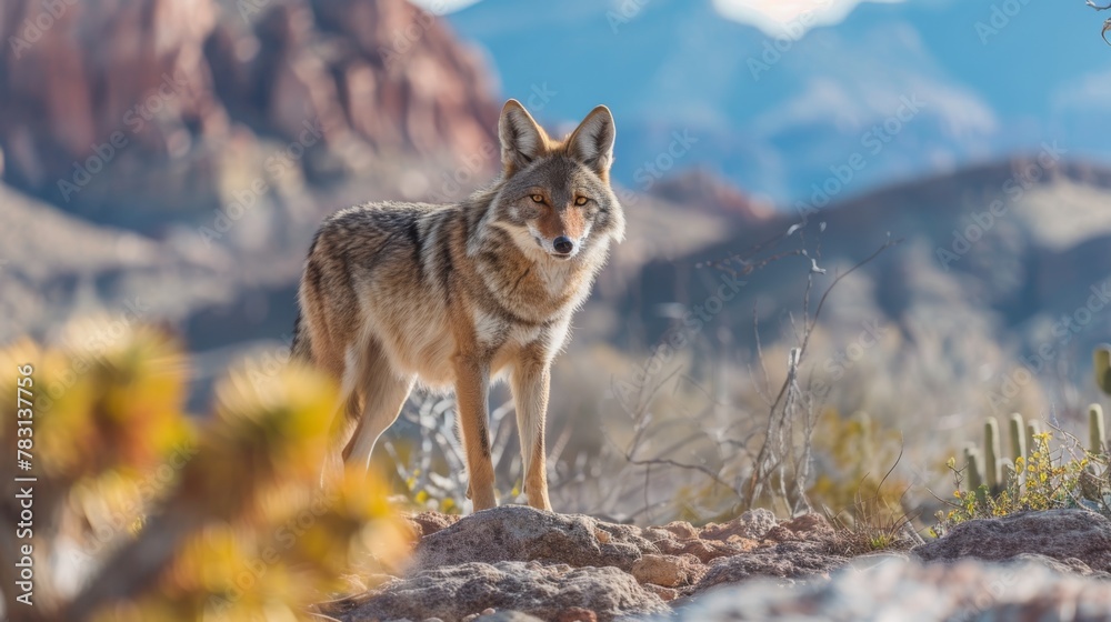 Poster a coyote is standing on a rocky hillside in the desert. concept of solitude and isolation, as the co