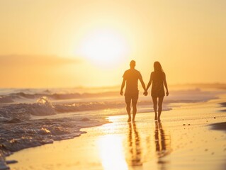 Fototapeta na wymiar Romantic Couple Holding Hands Walking Along Beach at Sunset, Silhouettes Illuminated by Golden Light, Serene Moment Capturing Essence of Love and Nature's Beauty