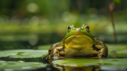 An American Bullfrog is perched on a vibrant green lily pad in a tranquil pond setting. The frogs glossy skin contrasts with the delicate leaves underneath.