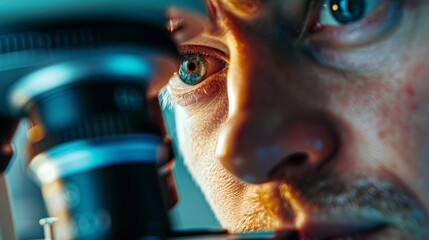 Close-up of a biologists eye looking through a microscope eyepiece to examine a specimen in a laboratory setting - obrazy, fototapety, plakaty