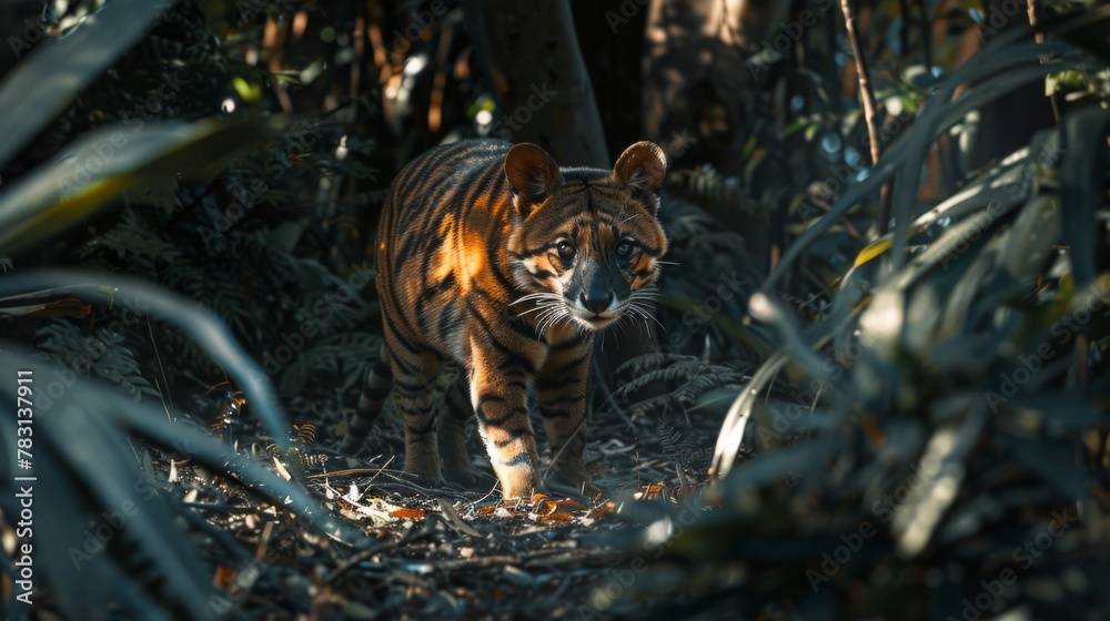 Poster a tiger is walking through a jungle. the jungle is lush and green, with many trees and plants. the t