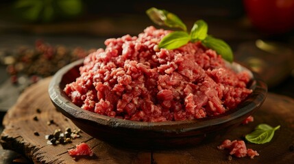 A closeup shot of freshly prepared raw minced beef in a wooden bowl on a dark wooden table - obrazy, fototapety, plakaty