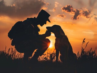 Silhouette of Soldier Reuniting with Dog Against Dramatic Sunset Sky - Emotional Reunion Embrace Powerful Silhouette Image Depicting Enduring Bond - Powered by Adobe