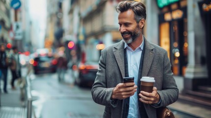 Fototapeta premium A businessman in business casual attire walking down a city street while holding a cup of coffee.