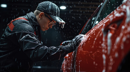 A worker in black overalls and wearing glasses is washing the windows of his red car with yellow...