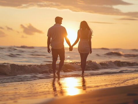 Romantic Couple Silhouette Holding Hands Walking Beach Sunset Golden Rays Serene Tender Moment Love Tranquility Nature Scenery Stock Photo
