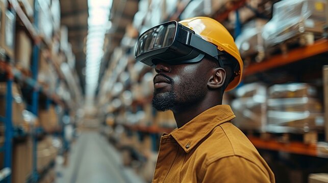 Warehouse employees using smart glasses for augmented reality picking and packing in the style of stock photo image