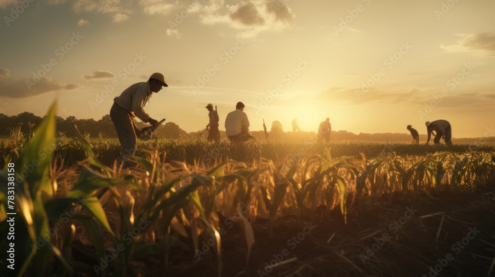 Poster generative ai sunset over a tranquil farm, with workers using traditional methods to handpick corn i