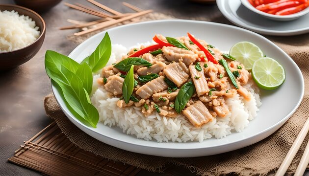 Stir Fried Canned Tuna with Thai Basil and Cook Jasmine Rice in white plate. asian food. Top view
