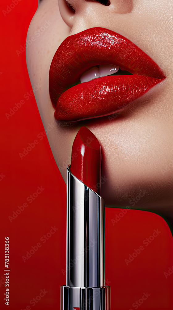 Sticker fashion woman applying red glossy lipstick, cosmetic promotion  portrait 