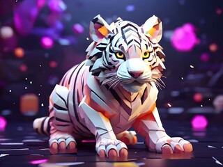 Naklejka premium Low poly 3d image of low poly cute baby white tiger neon theme floating in metaverse 3d colorful background. 